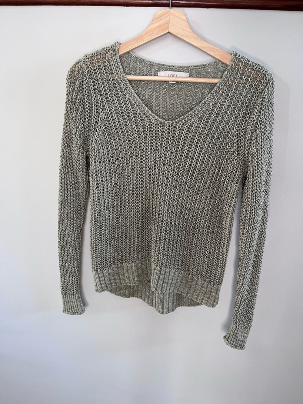 LOFT Womens Sage Green Open Knit V-Neck Sweater Long Sleeve Size S